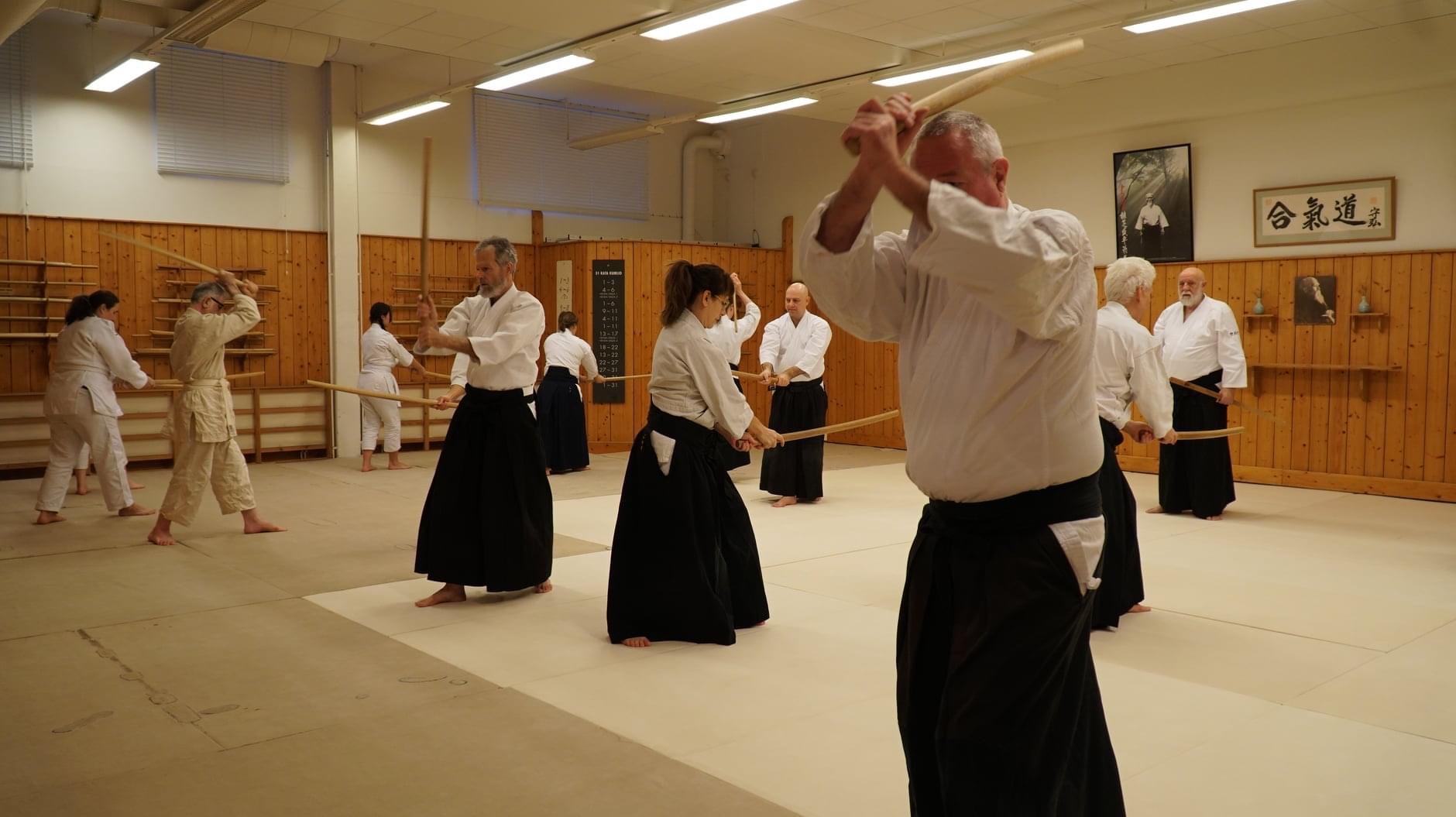 Training with weapons in aikido dojo